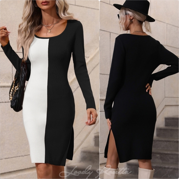 Statement Sweater Dress with Bold Contrast & Slit - Picture 1 of 8